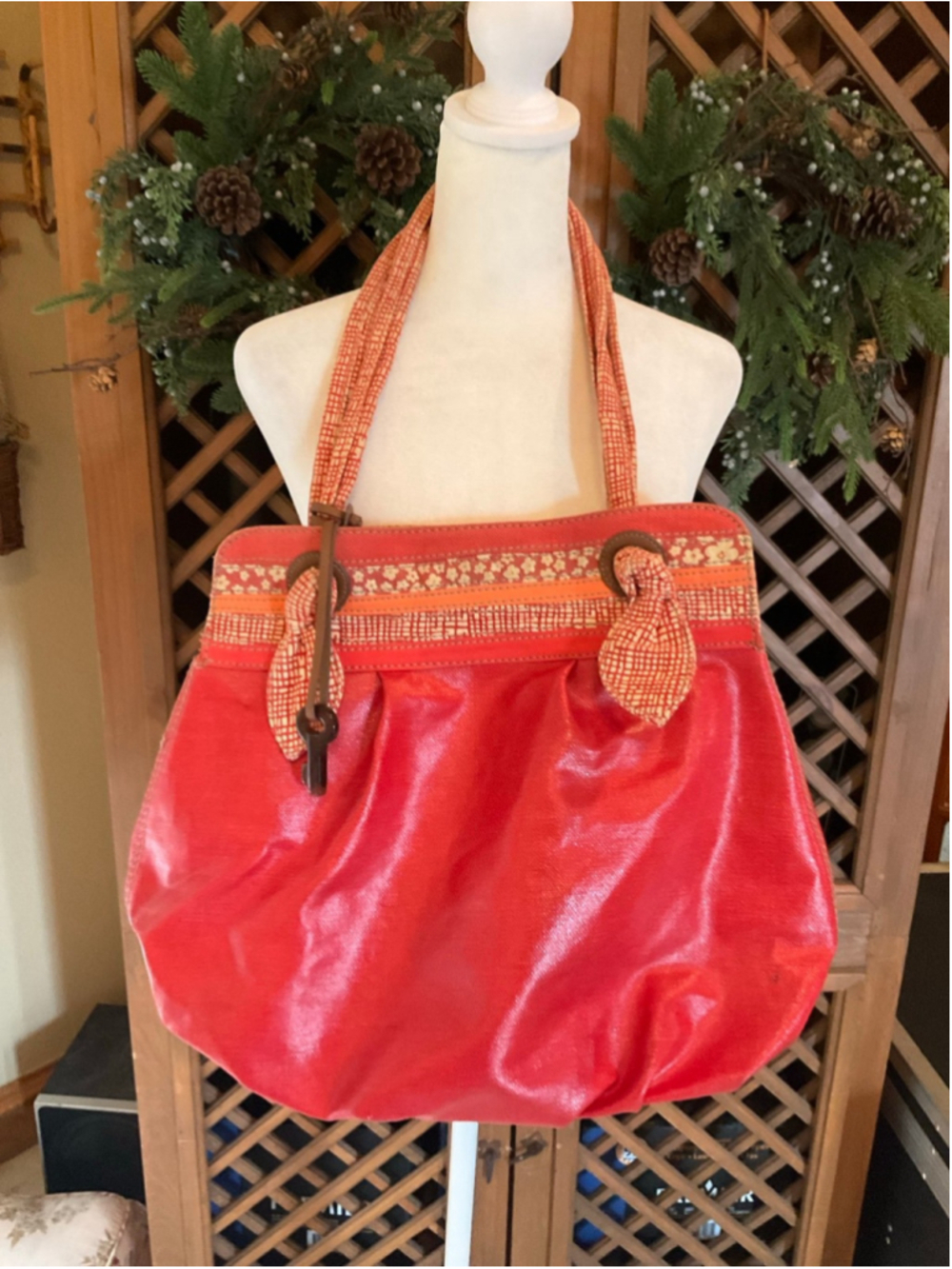 Vintage FOSSIL Shoulder Bag Coated Red Canvas Large Tote Purse Ties - Picture 1 of 6